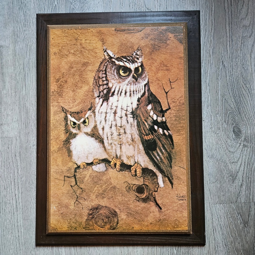 Vintage Owl Art Richard Hinger Screech Print Wood Frame 21x15 Wildlife Decor